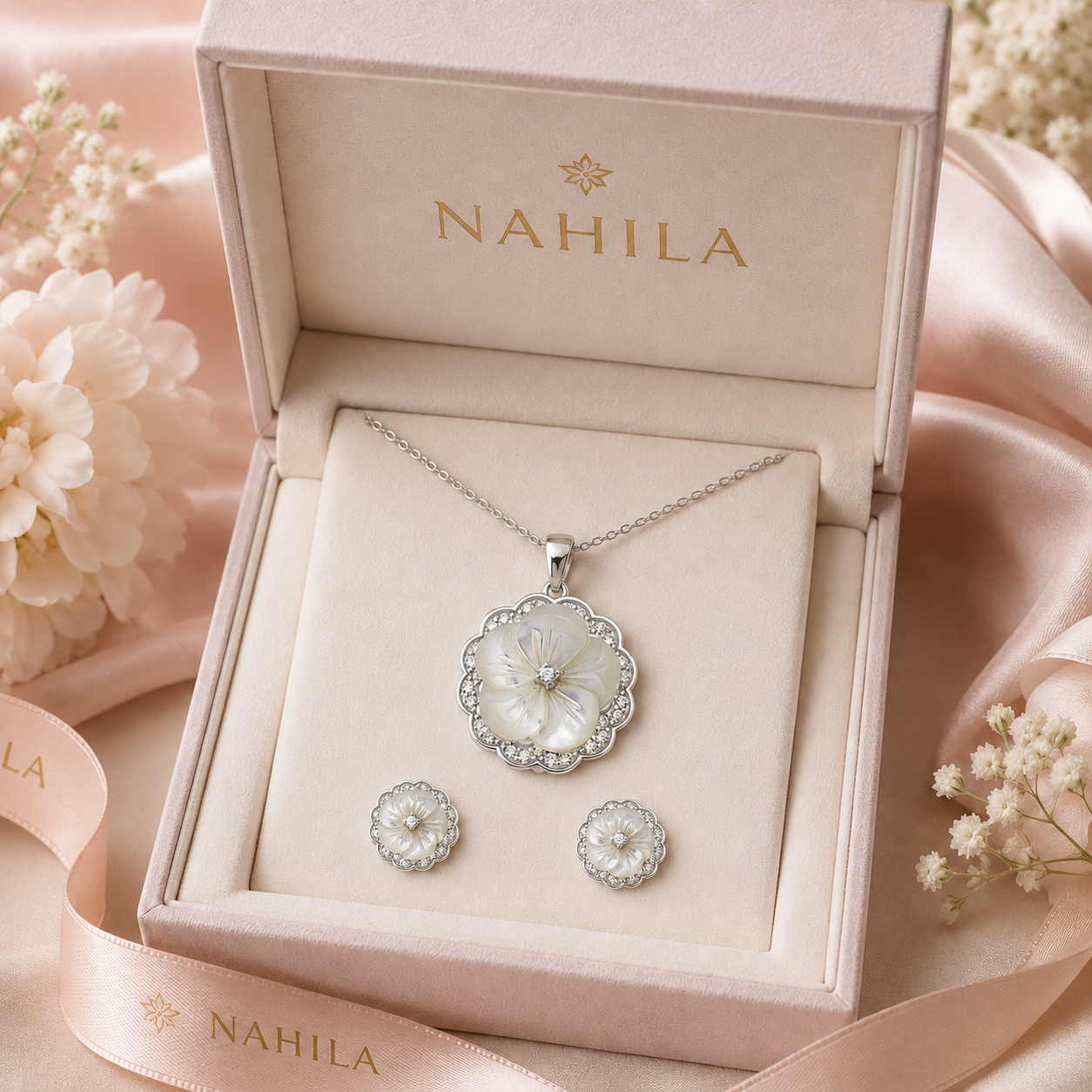Set charm y pantalla flowers madre perla